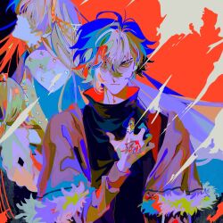  1boy 1girl anastasia_(fate) black_shirt blue_cape blue_eyes cape claw_ring closed_mouth color_contrast command_spell doll earrings epaya_hakase fate/grand_order fate_(series) fur-trimmed_cape fur-trimmed_jacket fur_trim gold_hairband grey_hair grey_jacket hair_between_eyes hair_over_one_eye hairband hand_on_own_chest hand_up highres holding holding_doll jacket jewelry kadoc_zemlupus long_hair long_sleeves looking_at_viewer looking_up neck_piercing open_clothes open_jacket parted_lips red_background serious shirt short_hair star_(symbol) upper_body viy_(fate) yellow_eyes 