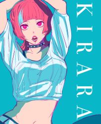  1boy arms_up blue_background bra bra_peek character_name choker collar face_piercing highres hoshi_kirara jujutsu_kaisen lipstick looking_up makeup male_focus midriff nanaba_taruto open_mouth piercing pink_hair simple_background solo spiked_collar spikes trap underwear wolf_cut 