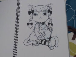  1girl :&lt; animal bird blunt_bangs bow braid cat_girl cat_tail closed_mouth commentary_request crow dress full_body greyscale hair_bow holding holding_animal holding_bird kaenbyou_rin lineart looking_at_viewer monochrome onikobe_rin raised_eyebrow reiuji_utsuho reiuji_utsuho_(bird) shoes simple_background socks solo striped_clothes striped_socks tail touhou traditional_media twin_braids 