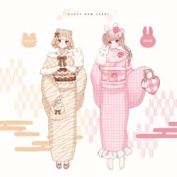  2022 2023 2girls :3 :o absurdres animal_ears ari_(oonmnmooo) bag blonde_hair blush brown_bag brown_eyes brown_gloves brown_kimono brown_shoes brown_socks chinese_zodiac commentary_request fake_animal_ears full_body fur_trim gloves happy_new_year heart-shaped_bag highres holding holding_bag japanese_clothes kimono multiple_girls new_year obi original pink_eyes pink_kimono plaid_clothes plaid_kimono puppet rabbit rabbit_ears sash shoes sleeves_past_wrists socks standing striped_clothes striped_socks tiger_stripes twintails white_gloves white_shoes wide_sleeves year_of_the_rabbit year_of_the_tiger 