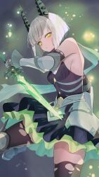  1girl absurdres afk_(series) afk_journey armor bare_shoulders black_dress black_thighhighs blunt_bangs blunt_ends bob_cut breasts closed_mouth commentary commentary_request cowboy_shot dagger dress faulds gauntlets green_eyes green_light grey_hair highres holding holding_dagger holding_knife holding_weapon horns inverted_bob knife layered_dress looking_at_viewer pleated_dress scarf short_hair silvina_(afk) sleeveless sleeveless_dress small_breasts solo suzuho_hotaru thigh-highs torn_clothes torn_thighhighs undead weapon 