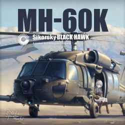  1girl absurdres aircraft artist_name black_necktie boots box_art brown_boots closed_mouth commentary_request commission dated day english_text fake_box_art grey_hair grey_jacket helicopter highres jacket looking_at_viewer military military_vehicle mountainous_horizon necktie on_helicopter original outdoors pixiv_commission shirt sky smile spacebar_hobby thigh-highs uh-60_blackhawk vehicle_focus vehicle_name white_shirt white_thighhighs 