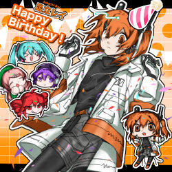  &gt;_&lt; 5girls a.i._voice adachi_rei ahoge belt beret birthday black_hat black_pantyhose black_shirt blue_hair chibi chibi_inset closed_eyes closed_mouth confetti disembodied_head drill_hair dual_persona gloves green_eyes green_sleeves grey_skirt grin hair_between_eyes hair_ornament hairclip happy_birthday hat hatsune_miku head_only headlamp highres hirune_(suiminbusoku118) jacket kasane_teto long_sleeves momone_momo multiple_girls open_clothes open_jacket open_mouth orange_belt orange_eyes orange_hair pantyhose party_hat purple_hair radio_antenna red_eyes red_hair shirt side_ponytail skirt smile twin_drills twintails utane_uta utau violet_eyes vocaloid white_background white_jacket 
