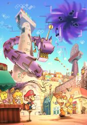  4girls 6+boys ?_block ^_^ arms_up artist_name beard black_hole blonde_hair blue_cloak blue_overalls blue_sky bowser brown_gloves brown_hair bug building butterfly cloak closed_eyes crown cup door dragon dress earrings eastern_dragon elbow_gloves facial_hair floating flying food gloves hands_up hat highres holding holding_food holding_ladle hood hood_up hot_dog house howzit in-universe_location jewelry ladle long_beard looking_at_another looking_back maribou_(supermaribou) mario megabite_(mario) merlon_(mario) multiple_boys multiple_girls mustache newsboy_cap on_stool open_mouth outdoors overalls paper_mario pillar pink_dress princess_peach radio_antenna red_hat red_shirt saffron_(mario) saucer sharp_teeth shirt shop short_hair sitting sky smile solid_oval_eyes squiglet standing stool super_mario_bros. super_paper_mario teacup teeth thoreau tippi_(paper_mario) twitter_username very_long_beard warp_pipe welderberg white_gloves white_hair wracktail yellow_eyes 