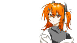  1girl a.i._voice adachi_rei black_shirt hair_between_eyes hirune_(suiminbusoku118) jacket lens_eye looking_at_viewer medium_hair one_side_up open_clothes open_jacket orange_eyes orange_hair shirt simple_background single_off_shoulder solo utau white_background white_jacket 