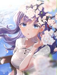  1girl absurdres blurry breasts commentary_request dated depth_of_field dress fate/stay_night fate_(series) flower heaven&#039;s_feel highres large_breasts long_hair matou_sakura onyang open_mouth petals purple_hair solo violet_eyes water white_dress white_flower 