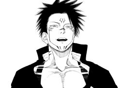  1boy chest_tattoo collarbone commentary_request extra_eyes facial_tattoo forehead_tattoo high_collar highres jujutsu_kaisen male_focus omoti22204872 open_mouth pectoral_cleavage pectorals ryoumen_sukuna_(jujutsu_kaisen) short_hair simple_background solo spiky_hair tattoo teeth white_background 