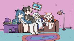  2boys 3girls :&gt; absurdres arknights bandeau blue_eyes blue_hair blue_skin brown_hair brown_shirt chongyue_(arknights) closed_eyes colored_extremities colored_skin couch dragon_boy dragon_bubble_(arknights) dragon_girl dragon_horns dragon_tail drawer dusk_(arknights) earrings eastern_dragon_horns highres horns indoors jewelry lamp ling_(arknights) multicolored_hair multiple_boys multiple_girls necktie nian_(arknights) pacifier pants parody phone picture_frame pointy_ears red_bandeau red_horns red_skin red_tube_top rug scene_reference shirt shu_(arknights) sitting solid_eyes strapless streaked_hair tail tassel tassel_earrings the_simpsons tube_top v-shaped_eyebrows violet_eyes white_hair white_pants whitydragon yellow_necktie yu_(arknights) 