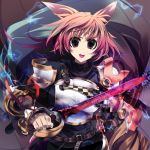  animal_ears armor dragonmaterial electricity highres original red_eyes red_hair shoulder_pads solo sword weapon 