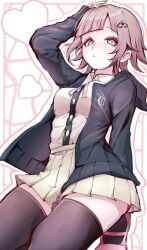  1girl brown_hair collared_shirt danganronpa_(series) danganronpa_2:_goodbye_despair flipped_hair galaga hair_ornament jacket kokoapauda long_sleeves looking_at_viewer medium_hair nanami_chiaki neck_ribbon open_clothes open_jacket pink_eyes pink_ribbon pleated_skirt ribbon shirt skirt solo spaceship_hair_ornament white_shirt 