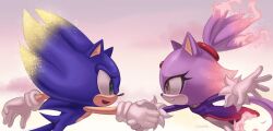 1boy 1girl animal_ears blaze_the_cat blue_fur burg3rd0g burning_blaze cat_ears eyelashes fading forehead_jewel from_side furry furry_female furry_male gloves green_eyes handshake highres looking_at_another midair purple_fur purple_sky sky smile sonic_(series) sonic_rush sonic_the_hedgehog super_sonic yellow_eyes