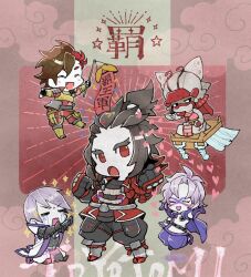  5boys :d :o =_= ^_^ armor bandaged_head bandages black_gloves black_sclera brown_hair chibi chibi_only closed_eyes colored_sclera crtr_melco crying eye_mask fang fingerless_gloves furrowed_brow gloves grey_hair ishida_mitsunari_(sengoku_basara) japanese_armor jinbaori looking_at_another looking_at_viewer male_focus multicolored_hair multiple_boys ootani_yoshitsugu_(sengoku_basara) open_mouth purple_gloves purple_mask red_eyes red_hair sengoku_basara shima_sakon_(sengoku_basara) short_hair smile takenaka_hanbee_(sengoku_basara) topknot toyotomi_hideyoshi_(sengoku_basara) two-tone_hair v-shaped_eyebrows white_eyes 