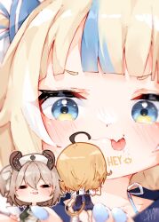 2girls absurdres animal_ears artist_logo blonde_hair blue_hair blue_nails blush chibi dooby_(vtuber) english_text hat highres indie_virtual_youtuber logo ma_draws monkey_ears monkey_girl multicolored_eyes multicolored_hair multiple_girls nail_polish nimi_nightmare nurse_cap sameko_saba streaked_hair tail tongue tongue_out virtual_youtuber