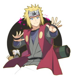  2boys blonde_hair blue_eyes closed_mouth cosplay forehead_protector japanese_clothes jiraiya_(naruto) jiraiya_(naruto)_(cosplay) littleb long_sleeves looking_at_viewer multiple_boys namikaze_minato naruto_(classic) naruto_(series) ninja scroll smile spiky_hair upper_body white_background white_hair 