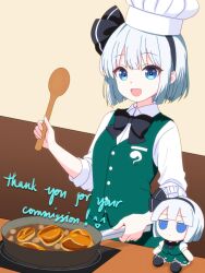  1girl black_bow black_bowtie black_hairband blue_eyes bnelsey bow bowtie character_doll chef_hat collared_shirt commentary commission cooking doll english_commentary english_text food_request frying_pan fumo_(doll) green_skirt green_vest grey_hair hairband hat hitodama_print holding holding_frying_pan konpaku_youmu long_sleeves looking_at_viewer open_mouth shirt skirt skirt_set smile solo touhou vest white_hat white_shirt 