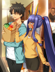  1boy 1girl alternate_costume animal_ears any_(trueblue) apple bag black_hair black_pants black_skirt blue_eyes blue_jacket blush bread breasts casual closed_eyes collarbone commentary_request couple dark-skinned_female dark_skin facial_mark fate/grand_order fate_(series) food fruit fujimaru_ritsuka_(male) hair_between_eyes hair_ribbon holding jackal_ears jacket long_hair medium_breasts nitocris_(fate) open_clothes open_mouth orange_(fruit) pants paper_bag ponytail purple_hair red_ribbon ribbon shirt shopping skirt spiky_hair white_shirt 