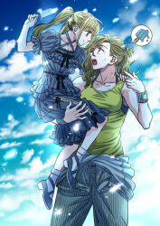  2girls black_bra black_dress black_eyes black_ribbon black_shoes blonde_hair blue_eyes blue_sky bobby_socks bra bra_peek breasts brown_hair buttons carrying closed_mouth clothes_around_waist clouds collarbone commentary criss-cross_halter dress food food_theft frilled_dress frilled_sleeves frills gothic_lolita green_tank_top grey_jacket grey_pants halterneck hand_up hayashiya_shizuru height_difference holding holding_food holding_popsicle jacket jacket_around_waist lolita_fashion long_hair looking_at_another low_block_heels medium_breasts multiple_girls one_armed_carry open_mouth original outdoors pants pointing ponytail popsicle puffy_short_sleeves puffy_sleeves ribbon ribbon_trim shoes short_sleeves sky smile socks speech_bubble spoken_food standing striped_clothes striped_pants sweat tall_female tank_top twintails underwear vertical-striped_clothes vertical-striped_pants white_socks wristband 