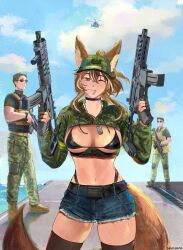  1girl 2boys aircraft ak-74 animal_ears assault_rifle bikini black_bikini black_choker black_thighhighs blue_sky blush breasts brown_hair callisto_(greyeth) canadian_flag choker clouds commission cowboy_shot cropped_jacket denim denim_shorts dog_tags dual_wielding fox_ears fox_tail gun helicopter highleg highleg_bikini highres holding kalashnikov_rifle large_breasts leaf looking_at_viewer maple_leaf multiple_boys ocean one_eye_closed optical_sight orange_eyes original rifle shiny_skin short_shorts shorts sig_mcx sig_mpx sky smile submachine_gun sunglasses swimsuit tail thigh-highs trigger_discipline usergore weapon 