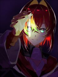  1girl ange_katrina ange_katrina_(1st_costume) cardigan commentary_request crossed_bangs dark glowing glowing_liquid green_light grin hair_between_eyes hair_intakes hand_up highres holding holding_test_tube jacket long_sleeves looking_at_object looking_at_viewer medium_hair nail_polish nijisanji off_shoulder portrait purple_background red_cardigan red_hair red_nails smile solo test_tube tetuboooon virtual_youtuber 