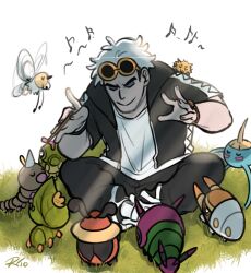  black_eyeshadow black_jacket black_pants caterpie caterpillar closed_eyes conductor conductor_baton cutiefly eyeshadow eyewear_on_head grass grubbin guzma_(pokemon) hands_up highres holding_baton hood hooded_jacket indian_style jacket joltik kricketot makeup male_focus musical_note on_grass on_shoulder pants pokemon pokemon_(creature) pokemon_on_shoulder pokemon_sm riodrawsstuff sewaddle shirt short_hair short_sleeves sitting smile sunglasses surskit team_skull undercut v-shaped_eyebrows venipede watch watch weedle white_hair white_shirt yellow-framed_eyewear 