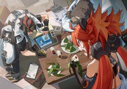  1girl 2boys ahoge anton_ivanov bad_link bare_shoulders ben_bigger black_gloves black_hair chair chopsticks crop_top drink egg fingerless_gloves folding_chair food gloves hair_between_eyes headband highres holding holding_food jacket koleda_belobog long_hair multicolored_hair multiple_boys official_art open_mouth pants plate power_strip red_eyes red_hair sitting table teeth twintails two-tone_hair white_jacket zenless_zone_zero zhu_yuan zongzi 