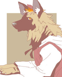  animal animal_focus animalization brown_background clothed_animal commentary_request hyena looking_at_viewer no_humans onikobe_rin orange_eyes red_vest shirt striped_hyena toramaru_shou touhou two-tone_background vest white_background white_shirt 