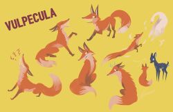  animal animal_focus bird chasing deer english_text falling_feathers feathers fox goose looking_at_another multiple_expressions multiple_views original sharp_teeth shout_lines simple_background sitting stretching sweatdrop teeth yellow_background zandra 