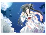  aqua_eyes black_hair dress frills hairpiece korie_riko long_hair moon night petals ribbon roses scarf twintails 