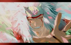  1boy bikkusama facial_mark forehead_protector highres jewelry jiraiya_(naruto) long_hair looking_at_viewer male_focus naruto_(classic) naruto_(series) old old_man petals pink_petals red_eyes ring smile solo teeth upper_body white_hair 
