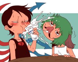  2girls animal_ears asymmetrical_wings black_dress black_eyes black_hair blue_wings bottle bow bowtie camisole commentary_request dog_ears dog_girl dress green_hair head_tilt holding holding_bottle houjuu_nue kasodani_kyouko milk milk_bottle multiple_girls onikobe_rin open_mouth red_bow red_bowtie red_wings short_hair sleeveless sleeveless_dress smile spit_take spitting tongue tongue_out touhou two-tone_background upper_body white_dress wings 