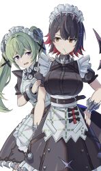  2girls absurdres bare_shoulders black_dress black_hair breasts brown_eyes corin_wickes cowboy_shot dress ellen_joe fins fish_tail green_hair highres large_breasts long_hair maid maid_headdress medium_breasts multicolored_hair multiple_girls rxo2xs shark_girl shark_tail short_hair simple_background streaked_hair tail twintails two-tone_hair violet_eyes white_background zenless_zone_zero 