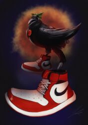  1girl absurdres bird black_background bow commentary commission crow english_commentary full_body green_bow highres nike_(company) no_humans persona_non_grata perspective photo-referenced reiuji_utsuho reiuji_utsuho_(bird) shoes signature sneakers third_eye touhou 