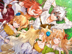  1boy 5girls ahoge animal_ear_fluff animal_ears aqua_flower arms_behind_head bare_shoulders belt blonde_hair blush breasts brown_belt brown_hair cat_ears cat_girl child closed_eyes closed_mouth collared_shirt dragon_girl dragon_horns dragon_tail dress fang flower fox_ears fox_girl green_eyes green_pants grey_hair hair_flower hair_ornament hair_ribbon high-waist_skirt horns huge_ahoge kanade_(beast_tamer) large_breasts loli long_hair long_sleeves luna_(beast_tamer) lying multiple_girls nina_(beast_tamer) off-shoulder_dress off-shoulder_shirt off_shoulder official_art on_back panties pants ponytail rain_(beast_tamer) red_hair red_ribbon ribbon saiki_kei shibari shibari_over_clothes shirt short_hair siblings sisters skirt sleeping sleeves_rolled_up smile sora_(beast_tamer) tail tania_(beast_tamer) twins underwear white_dress white_shirt yuusha_party_wo_tsuihou_sareta_beast_tamer_saikyoushu_no_nekomimi_shoujo_to_deau 