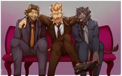  3boys agata_(beastars) bad_link beastars crossed_legs dolph_(beastars) formal_clothes free_(beastars) furry furry_male highres lion_boy looking_at_viewer male_focus multiple_boys necktie sitting suit tongue tongue_out 