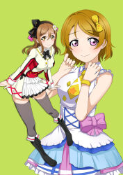  2girls anime_coloring black_bow black_bowtie boots bow bow_headband bowtie brown_eyes brown_hair buttons cosplay costume_switch double-breasted double-parted_bangs dress dress_bow flower frilled_boots frilled_shirt_collar frilled_skirt frills greetload hair_between_eyes hair_bow hair_flower hair_ornament headband highres kimi_no_kokoro_wa_kagayaiteru_kai? koizumi_hanayo kunikida_hanamaru lace-up_boots layered_dress layered_skirt long_hair long_sleeves love_live! love_live!_school_idol_project love_live!_sunshine!! medium_hair multiple_girls necktie scrunchie sidelocks simple_background skirt sleeve_cuffs sleeveless sleeveless_dress sore_wa_bokutachi_no_kiseki thigh-highs violet_eyes wrist_scrunchie yellow_bow yellow_necktie zettai_ryouiki 