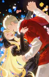  1boy 1girl :d ^_^ arm_around_waist bare_shoulders black_background black_corset black_dress black_hood blonde_hair chinese_commentary closed_eyes commentary_request corset curtained_hair dancing detached_hood detached_sleeves dress dungeon_meshi ear_covers elf flower fur-trimmed_collar fur-trimmed_dress fur-trimmed_sleeves fur_trim highres holding_hands interlocked_fingers laios_touden long_hair marcille_donato marcille_donato_(lord) ououand_asuna pants pink_nails pointy_ears red_flower red_shirt shirt short_hair smile very_long_hair white_flower white_pants white_shirt yellow_flower 