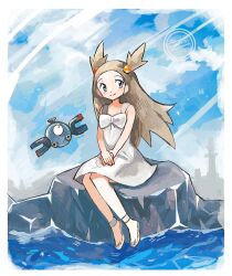  1girl anidler91 blue_sky border brown_hair closed_mouth clouds commentary dress floating grey_eyes hair_bobbles hair_ornament jasmine_(pokemon) long_hair magnemite on_rock outdoors pokemon pokemon_(creature) pokemon_gsc sandals sitting sky smile solo symbol-only_commentary water watermark white_border white_dress 