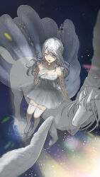  1girl ad_lunam_(shining_nikki) circlet commentary_request dress from_above full_body gloves grey_dress grey_eyes grey_gloves grey_hair grey_shoes hair_between_eyes hand_on_own_chest high_heels highres horseback_riding jewelry kohanai_setsuna light_particles long_hair long_hair_between_eyes looking_ahead necklace nikki_(series) open_mouth riding ripples shining_nikki shoes short_dress shoulder_pads solo space spread_wings strapless strapless_dress thigh-highs very_long_hair white_thighhighs winged_unicorn 