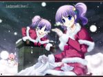  blue_eyes christmas dj_max_portable highres kazumasa lady_made_star ladymade_star pantyhose ponytail purple_hair santa_costume siblings side_ponytail snow twins 