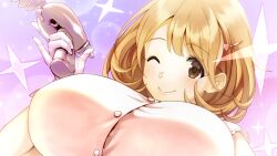  1girl belt belt_bow blunt_bangs breasts brown_eyes brown_hair energy_gun frilled_sleeves frills game_cg gloves hair_ornament hairclip heart heart_hair_ornament highres holding_ray_gun huge_breasts impossible_clothes narusawa_ryouka non-web_source occultic;nine official_art one_eye_closed pako pink_shirt ray_gun science_adventure shiny_eyes shirt short_hair sleeveless sleeveless_shirt smile solo striped_belt weapon white_gloves 