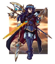  1girl axe blue_eyes blue_hair boots bow_(weapon) brand_of_the_exalt cape falchion_(fire_emblem) fire_emblem fire_emblem_awakening fire_emblem_heroes frown haydensmub highres holding holding_polearm holding_sword holding_weapon knee_boots lucina_(fire_emblem) multiple_weapons polearm quadruple_wielding spear sword tiara two-tone_cape walking weapon 