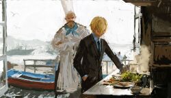  2boys apron beard black_jacket black_necktie blonde_hair boat braid braided_beard braided_mustache chef chef_hat cigarette cooking crossed_arms facial_hair father_and_son food fuyumurasaki goatee hair_over_one_eye hand_in_pocket hat highres jacket kitchen long_mustache male_focus multiple_boys mustache necktie old old_man one_piece painterly plate red-leg_zeff sanji_(one_piece) short_hair simple_bird sky smoke vegetable very_short_hair watercraft white_apron 
