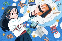  1girl black_eyes black_hair blue_background book bracelet cellphone closed_mouth commentary_request emphasis_lines eraser hair_ornament highres jewelry long_hair long_sleeves mechanical_pencil onoconokoko0625 original paper pencil phone pleated_skirt red-framed_eyewear semi-rimless_eyewear shirt simple_background skirt smartphone solo star_(symbol) star_hair_ornament undershirt white_shirt 