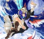  boots dress eho_(icbm) feathers flying head_wings horns kaiho moon multicolored_hair red_eyes silver_hair sky tokiko tokiko_(touhou) touhou wings 