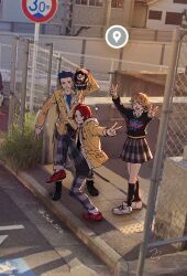  1girl 2boys :d ^_^ arai_motoha arms_up bag black_bag black_boots black_pants black_socks blue_hair blue_shirt boots brown_hair chain-link_fence closed_eyes commentary double_v english_commentary fence full_body grey_eyes hair_between_eyes high_school_girls_posing_for_google_street_view_(meme) highres holding holding_bag hood hood_down hooded_shirt jack_7274 jacket kamishiro_nagisa kanou_shun kneehighs lace-up_boots leg_up long_sleeves looking_at_viewer lufel_(owl)_(p5x) lufel_(p5x) meme multiple_boys open_clothes open_jacket open_mouth outdoors pants parted_bangs persona persona_5 persona_5:_the_phantom_x photo_background plaid_clothes plaid_skirt pleated_skirt red_hair red_shoes road_sign school_uniform shirt shoes short_hair sidewalk sign skirt smile sneakers socks sparkle standing standing_on_one_leg sweat tactile_paving undershirt v white_shirt white_shoes yellow_jacket 