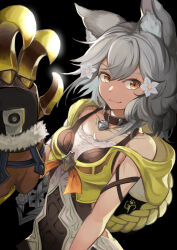  1girl absurdres animal_ear_fluff black_background brown_eyes claw_(weapon) collar collarbone eyelashes granblue_fantasy grey_hair hair_between_eyes highres looking_at_viewer sen_(granblue_fantasy) smile solo tetuhebi upper_body weapon 