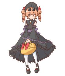  1girl alternate_costume basket black_dress black_shoes closed_mouth commentary dress drill_hair earrings eyewear_on_head headdress holding holding_basket jewelry lolita_fashion looking_at_viewer mizusoba orange_eyes orange_hair round_eyewear shoes smile solo sunglasses touhou twin_drills yorigami_jo&#039;on 