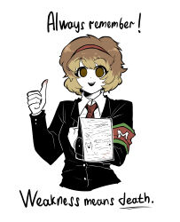  1girl absurdres armband black_jacket brown_eyes brown_hair clipboard collared_shirt el_elluci hairband highres holding holding_clipboard jacket lobotomy_corporation long_sleeves looking_at_viewer malkuth_(project_moon) open_mouth project_moon red_armband red_hairband shirt short_hair simple_background solo thumbs_up upper_body white_background white_shirt 