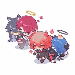  4girls anger_vein angry animal_ears arknights black_gloves black_hair black_halo black_horns blue_eyes blue_hair carrying chibi chibi_only chinese_commentary closed_eyes commentary_request exusiai_(arknights) fiammetta_(arknights) gloves hair_between_eyes hair_over_one_eye halo head_bump highres horns long_hair mostima_(arknights) multicolored_eyes multiple_girls no_mouth no_nose notice_lines one_eye_covered penguin_logistics_(arknights) piggyback pink_hair red_eyes red_hair short_hair simple_background sleeping sound_effects standing tency_(1733djy) texas_(arknights) traditional_halo two-tone_eyes walking white_background white_gloves wolf_ears wolf_girl yellow_eyes yellow_halo zzz 