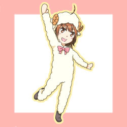  1girl :d ahoge animal_costume arm_up boots bow bowtie brown_eyes brown_hair child chinese_zodiac commentary_request dot_nose full_body grey_boots horns last_order_(toaru_majutsu_no_index) light_blush long_sleeves looking_at_viewer medium_hair mittens partial_commentary pink_background pink_bow sheep_costume sheep_horns smile solo standing standing_on_one_leg toaru_majutsu_no_index two-tone_background white_background yakutashi year_of_the_goat 